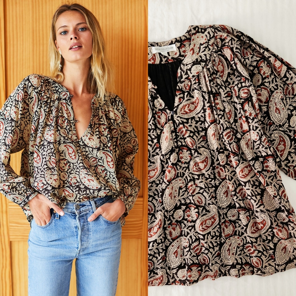 Emerson Fry India Collection Olympia Shirt Blouse in Paisley Black & Clay Size M